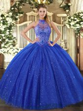 Fabulous Royal Blue Ball Gowns Beading and Embroidery Ball Gown Prom Dress Lace Up Tulle and Sequined Sleeveless Floor Length