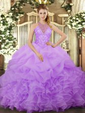 Fashionable Ball Gowns Quince Ball Gowns Lavender Halter Top Organza Sleeveless Floor Length Lace Up