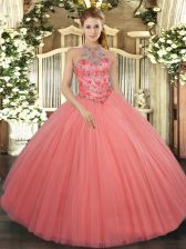 Modest Watermelon Red Tulle Lace Up Halter Top Sleeveless Floor Length Quince Ball Gowns Beading and Embroidery