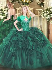 Flirting Dark Green Sleeveless Beading and Ruffles Floor Length Sweet 16 Quinceanera Dress