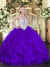  Purple Ball Gowns Tulle Scoop Sleeveless Beading and Ruffles Floor Length Zipper Vestidos de Quinceanera