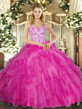 Clearance Fuchsia Vestidos de Quinceanera Sweet 16 and Quinceanera with Appliques and Ruffles Straps Sleeveless Lace Up