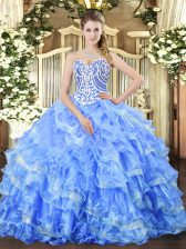  Blue Lace Up Sweetheart Beading and Ruffled Layers Sweet 16 Dresses Organza Sleeveless