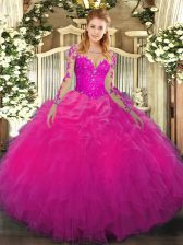 Stunning Fuchsia Long Sleeves Floor Length Lace and Ruffles Lace Up Sweet 16 Quinceanera Dress