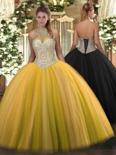  Halter Top Sleeveless Lace Up Sweet 16 Dresses Gold Tulle