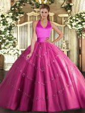 High End Hot Pink Lace Up Sweet 16 Dress Appliques Sleeveless Floor Length
