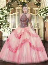  Pink Sleeveless Tulle Lace Up 15th Birthday Dress for Sweet 16 and Quinceanera