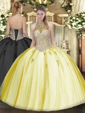  Yellow Lace Up Halter Top Beading and Appliques Sweet 16 Dress Tulle Sleeveless