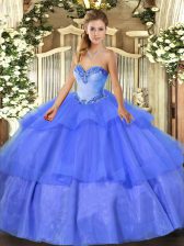 Popular Blue Lace Up Sweetheart Beading and Ruffled Layers Quinceanera Gown Tulle Sleeveless