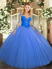  Scoop Long Sleeves Lace Up Quinceanera Gowns Blue Tulle