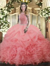 Super Watermelon Red High-neck Neckline Beading and Ruffles and Pick Ups Ball Gown Prom Dress Sleeveless Lace Up