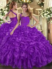 Enchanting Purple Ball Gowns Organza Halter Top Sleeveless Ruffles Floor Length Lace Up Vestidos de Quinceanera