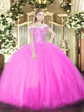  Fuchsia Sleeveless Beading Floor Length Quinceanera Dress