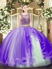  Lavender Scoop Neckline Beading and Ruffles Quinceanera Gown Sleeveless Lace Up