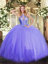 Customized Sleeveless Tulle Floor Length Lace Up 15 Quinceanera Dress in Lavender with Beading