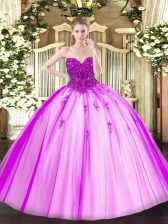  Fuchsia Tulle Lace Up Vestidos de Quinceanera Sleeveless Floor Length Beading