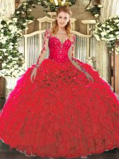  Red Sleeveless Floor Length Lace and Ruffles Lace Up Ball Gown Prom Dress