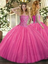 Fitting Hot Pink Tulle Lace Up Sweetheart Sleeveless Floor Length Quinceanera Dress Beading