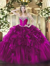  Fuchsia Sleeveless Organza Lace Up Quinceanera Gown for Military Ball and Sweet 16 and Quinceanera