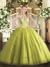  Yellow Green Halter Top Lace Up Beading Vestidos de Quinceanera Sleeveless