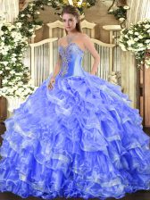 Clearance Blue Ball Gowns Sweetheart Sleeveless Organza Floor Length Lace Up Beading and Ruffled Layers Quinceanera Dresses