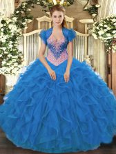 Charming Sweetheart Sleeveless Quinceanera Dress Floor Length Beading and Ruffles Blue Organza