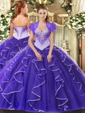 Flare Cap Sleeves Tulle Floor Length Lace Up Ball Gown Prom Dress in Purple with Beading