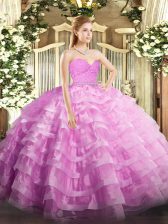 On Sale Floor Length Zipper Quince Ball Gowns Rose Pink for Military Ball and Sweet 16 and Quinceanera with Beading and Lace and Ruffled Layers