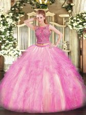 Artistic Floor Length Two Pieces Sleeveless Rose Pink Quinceanera Gown Lace Up