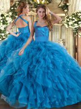 Top Selling Blue Halter Top Neckline Ruffles Quince Ball Gowns Sleeveless Lace Up