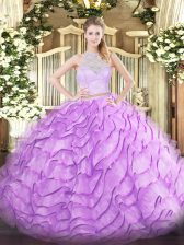  Sleeveless Brush Train Lace and Ruffles Zipper 15th Birthday Dress