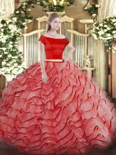 Extravagant Coral Red Zipper Ball Gown Prom Dress Ruffled Layers Short Sleeves Brush Train