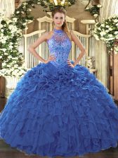  Blue Ball Gowns Beading and Embroidery and Ruffles 15 Quinceanera Dress Lace Up Organza Sleeveless Floor Length