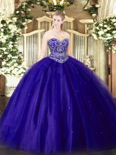 Clearance Sleeveless Floor Length Beading Lace Up Quinceanera Gown with Blue