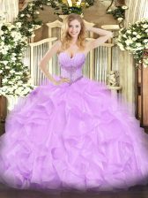 Cheap Sleeveless Lace Up Floor Length Beading and Ruffles Quince Ball Gowns