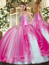 Luxury Fuchsia Sleeveless Floor Length Beading and Ruffles Lace Up Quince Ball Gowns