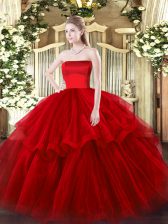  Wine Red Quinceanera Dress Tulle Brush Train Sleeveless Ruffled Layers