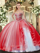 Cheap Floor Length Ball Gowns Sleeveless Coral Red Ball Gown Prom Dress Lace Up