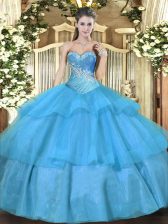  Sweetheart Sleeveless Quinceanera Dress Floor Length Beading and Ruffled Layers Aqua Blue Tulle
