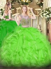  Scoop Sleeveless Organza Quinceanera Gown Beading and Ruffles Lace Up