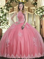 Exceptional Baby Pink Lace Up High-neck Beading and Appliques Ball Gown Prom Dress Tulle Sleeveless