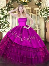 Pretty Fuchsia Organza and Taffeta Zipper Quinceanera Gown Sleeveless Floor Length Embroidery and Ruffled Layers