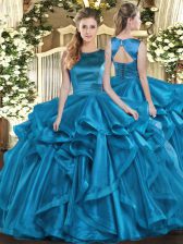Sweet Teal Sleeveless Floor Length Ruffles Lace Up Sweet 16 Dress