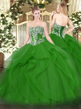 Suitable Tulle Strapless Sleeveless Lace Up Beading and Ruffles Quinceanera Dresses in Green