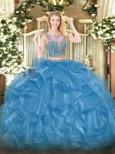 Elegant Baby Blue Sleeveless Beading and Ruffles Floor Length Quinceanera Gown