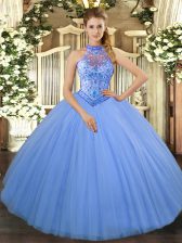 Trendy Ball Gowns Quinceanera Dress Baby Blue Halter Top Tulle Sleeveless Floor Length Lace Up