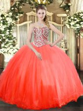 Most Popular Floor Length Coral Red Sweet 16 Dresses Sweetheart Sleeveless Lace Up