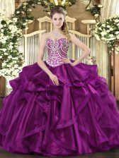 Hot Sale Sleeveless Organza Floor Length Lace Up Quinceanera Dresses in Fuchsia with Beading and Ruffles