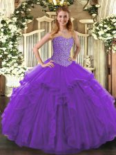 Elegant Purple Lace Up Sweetheart Beading and Ruffles Quinceanera Gowns Tulle Sleeveless