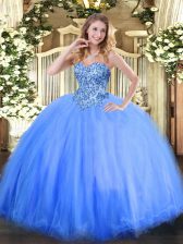  Blue Ball Gowns Sweetheart Sleeveless Tulle Floor Length Lace Up Appliques Quinceanera Gown